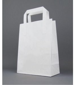 Small White Kraft paper SOS food carrier bags with flat Handles – 180 x 205 x 90 mm