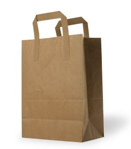 Small Brown Kraft paper SOS food carrier bags with flat Handles – 180 x 205 x 90 mm