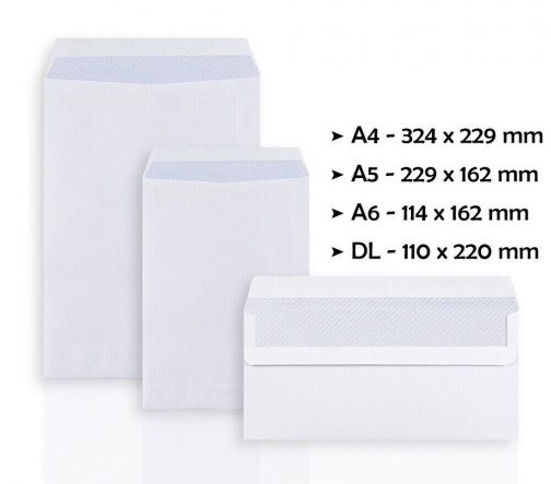 High Quality 90gsm White Self Seal Plain & Window Envelopes DL C6 C5 C4